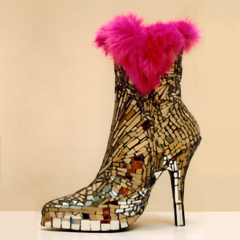 mirror mosaic boot with pink fur trim